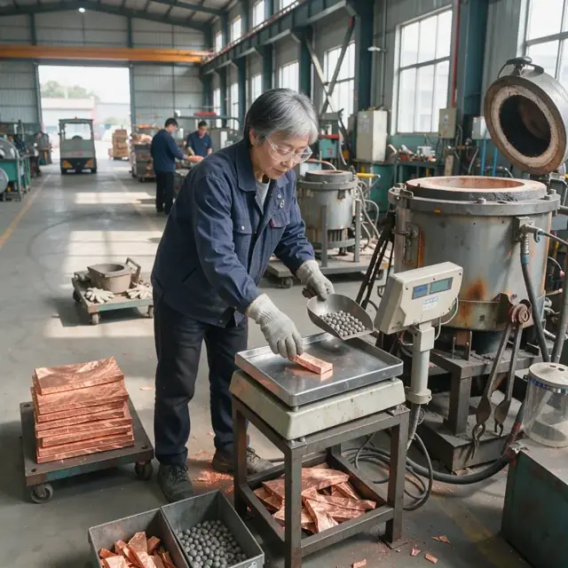 a worker weighing precise amounts of copper cathode and alloying pellets on an industrial scale beside a large induction furnace
