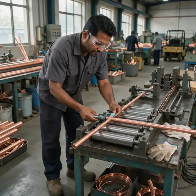 a worker using a digital micrometer to measure the diameter of freshly drawn copper rod on a rolling table beside the drawing bench