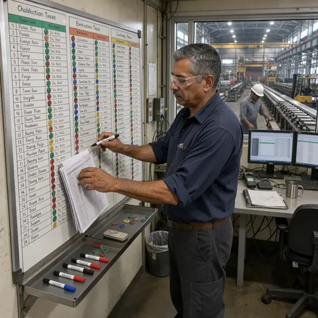 a worker updating a production schedule board showing furnace runs, extrusion dates and drawing passes in a control room overlooking the mill floor