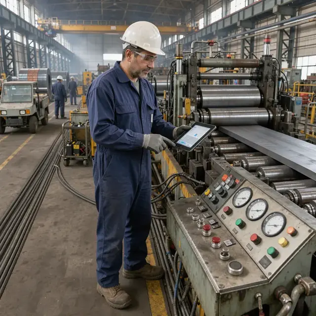 a worker monitoring controls and gauges on a large rolling mill while recording parameters on a digital tablet in an industrial mill bay