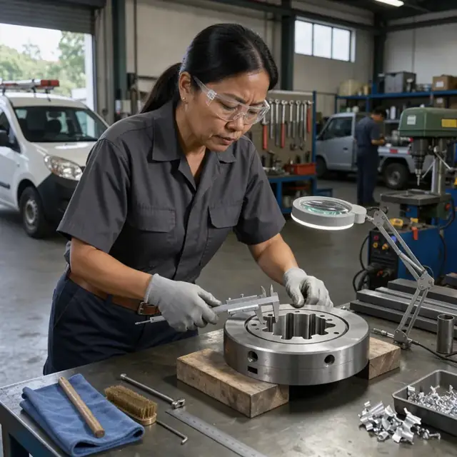 a worker inspecting a large metal extrusion die with calipers and a magnifying light at a tool bench in a maintenance shop