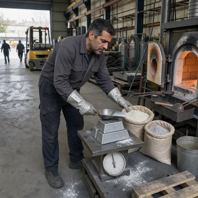 a worker wearing heat-resistant gloves weighing metallic ingots and flux powders on a platform scale beside an open furnace door