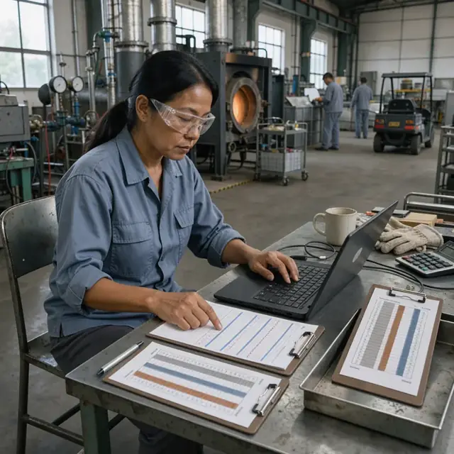 a worker at a metal desk entering data from a furnace temperature chart into a laptop surrounded by clipboards holding emission monitoring strips