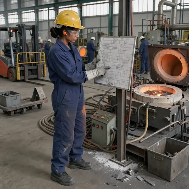 a technician reviewing a furnace schedule board while standing in front of an induction furnace with glowing orange charge