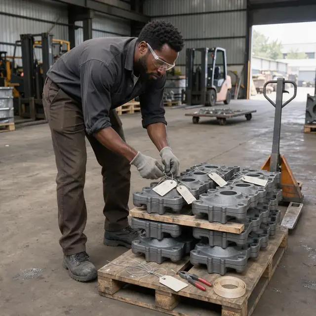 a worker attaching identification tags to a stack of finished iron castings on a wooden pallet in the foundry shipping area