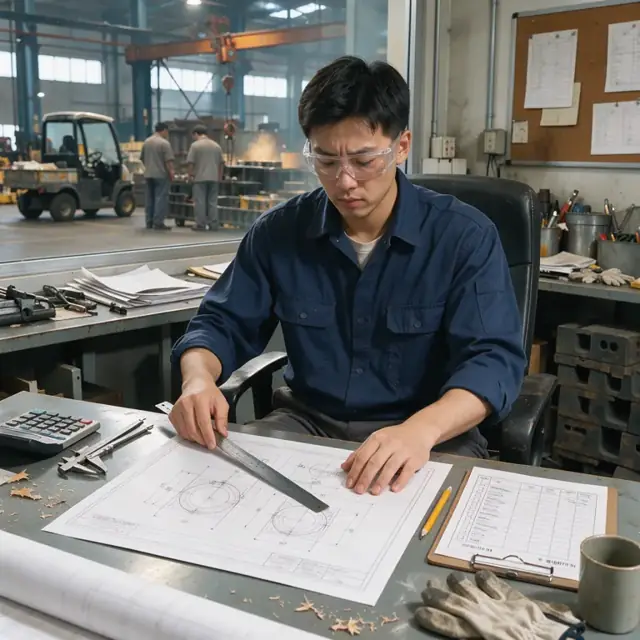 a worker at a desk examining a large technical drawing spread across the surface next to a printed job traveler in a foundry office