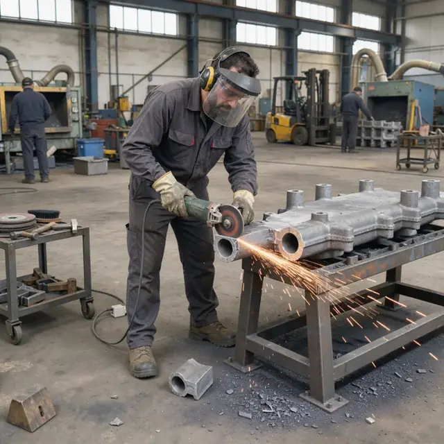 a worker using an angle grinder to remove gates and risers from a large iron casting on a work stand in the cleaning room of a foundry