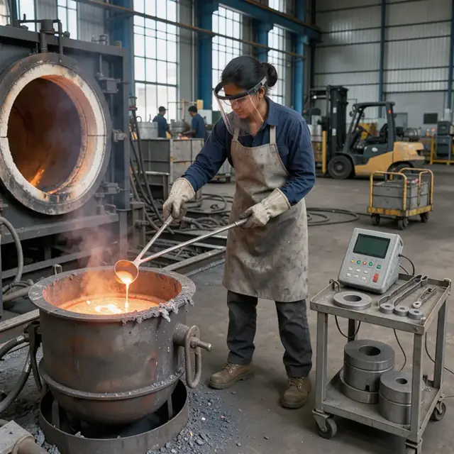 a worker taking a molten iron sample from a ladle with a long spoon next to a portable spectrometer in front of an electric furnace
