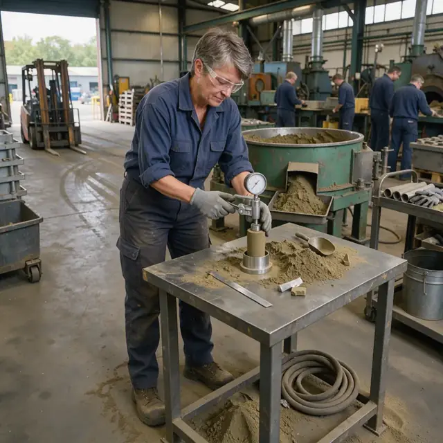 a worker performing a sand compression test using a handheld device on a sample taken from a green sand muller in a foundry