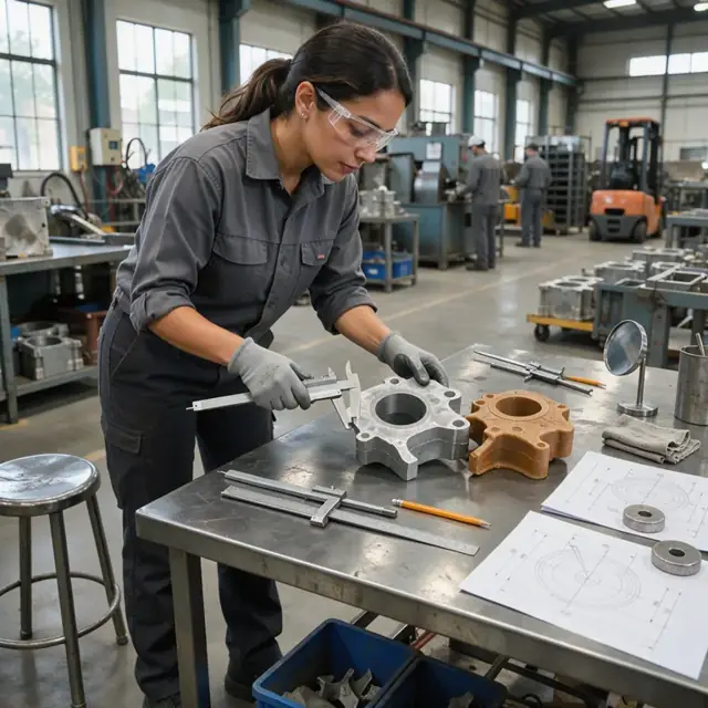 a technician at a workstation examining a steel casting and its wax pattern on a metal workbench with calipers and technical drawings nearby