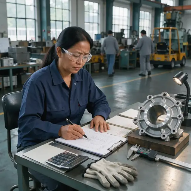 a quality technician at a desk reviewing test reports and material records next to a finished steel casting