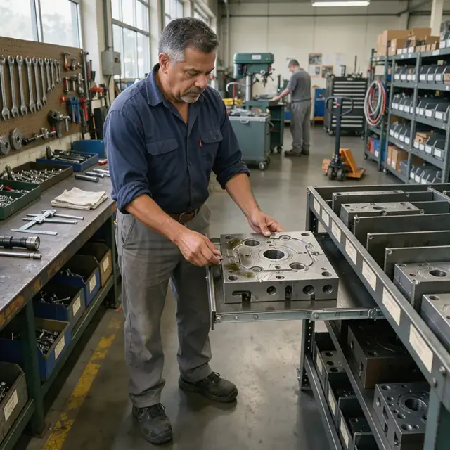 a worker inspecting a metal pattern die on a storage rack in an organized tool room with labeled shelves