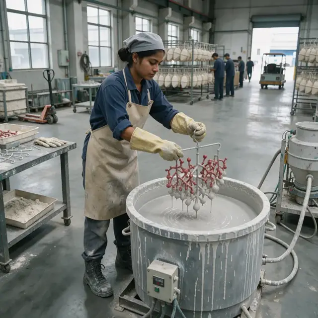 a worker dipping a cluster of wax patterns into a large ceramic slurry tank in an industrial foundry room with hanging shells visible