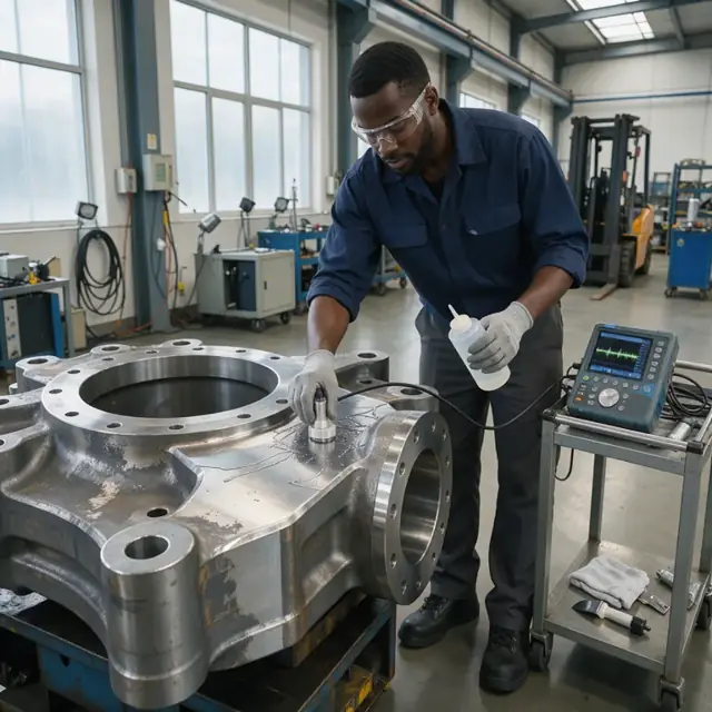 a technician performing ultrasonic testing on a large machined steel casting using a probe and couplant in a well-lit inspection bay