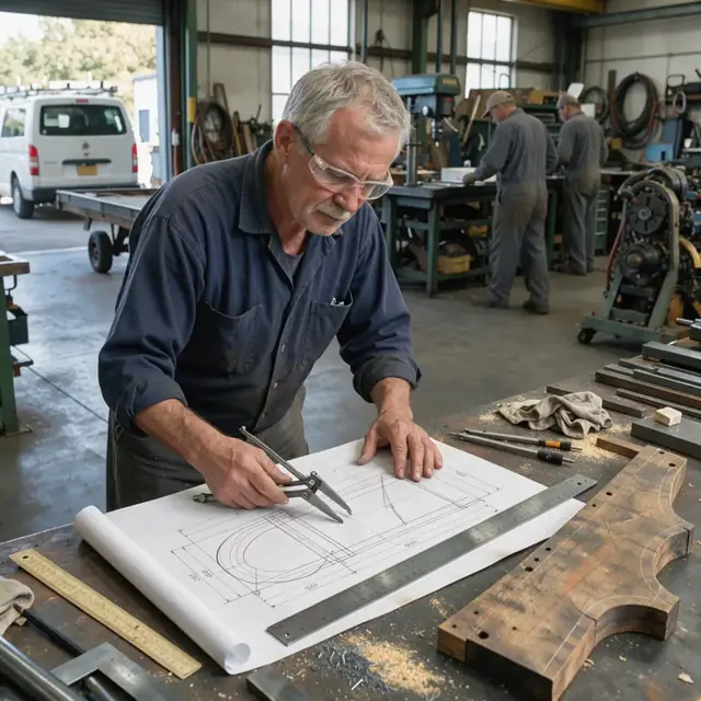 a worker at a workbench examining a large technical drawing with calipers and rulers next to a wooden pattern board