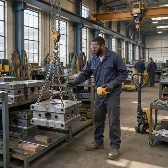 a technician using an overhead crane to lift a large steel die from a storage rack in a foundry tool room