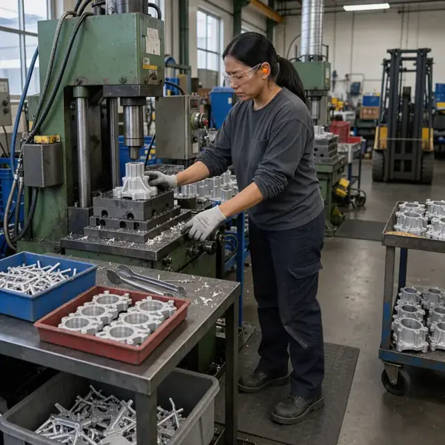 a worker using a trim press to remove flash from aluminum die castings at a workbench with bins of runners and finished parts