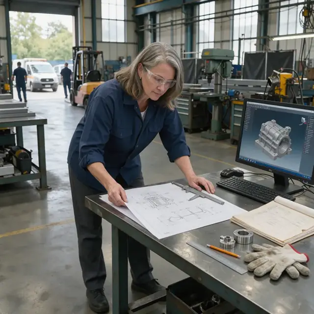 a metal shop desk covered with technical drawings, a caliper and a computer screen showing a 3D casting model next to an open order folder