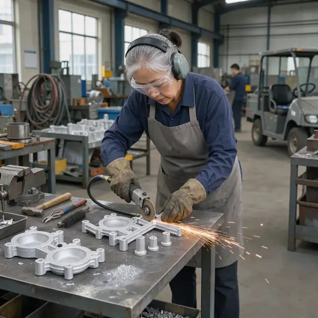 a worker using a pneumatic grinder to remove gates and risers from aluminum castings at a workbench with sparks flying