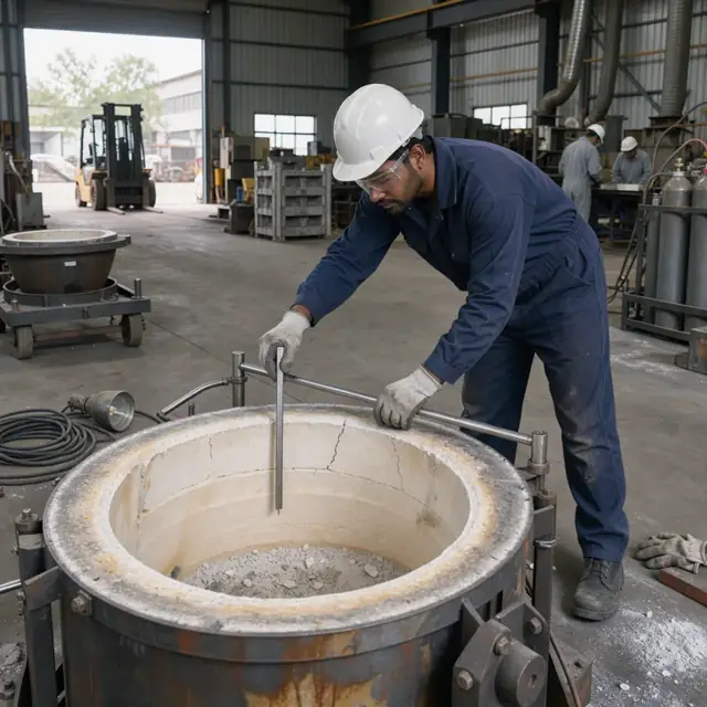 a technician checking the lining thickness inside a large empty crucible furnace with a measuring tool in a foundry workshop