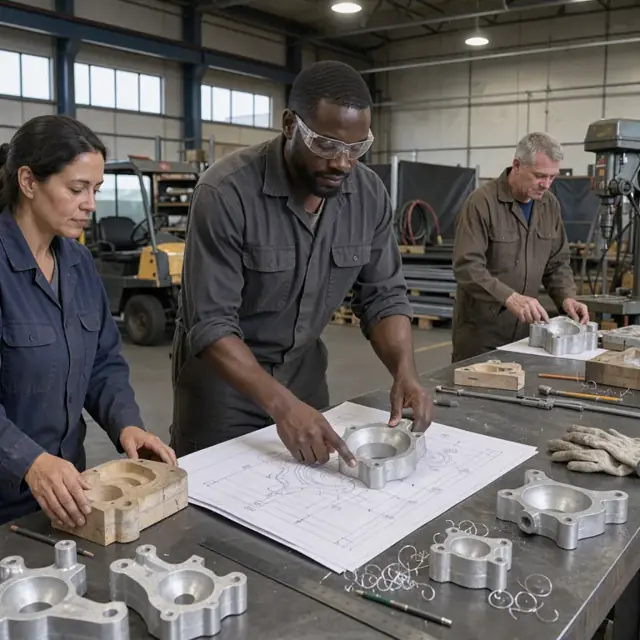 a metal workbench covered with aluminum castings, wooden patterns and technical drawings being compared under bright shop lighting