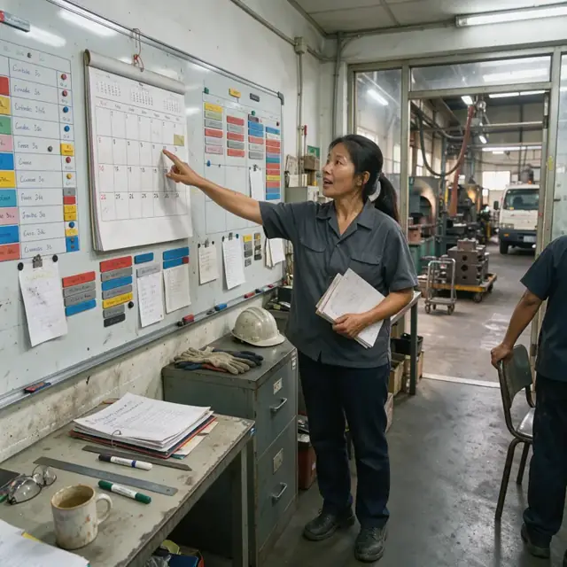 a worker pointing at a large wall calendar and whiteboard showing forging jobs, die assignments and furnace schedules in a shop office