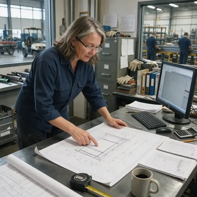 a worker at a steel desk examining a large technical drawing spread out next to a computer monitor and order paperwork in a fabrication office