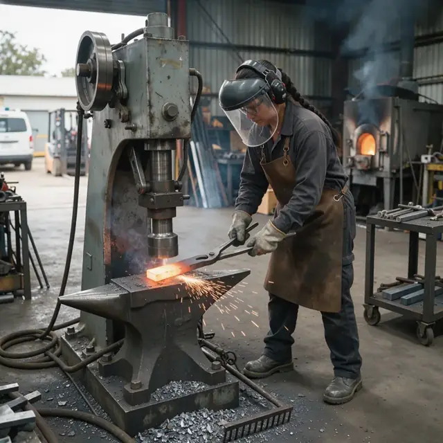 a worker wearing protective gear operating a large mechanical forging hammer striking a glowing hot steel billet on an anvil