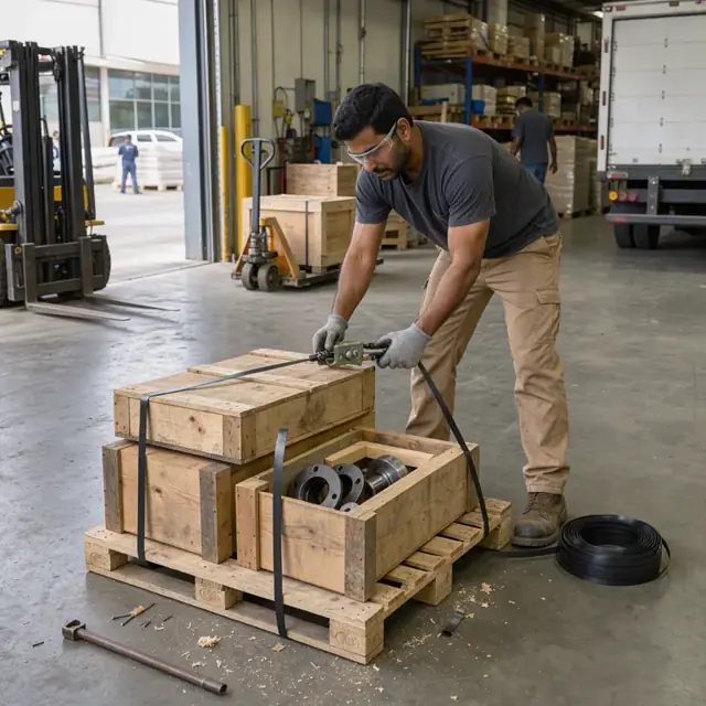 a worker strapping wooden crates containing forged steel parts onto a pallet in a warehouse loading area