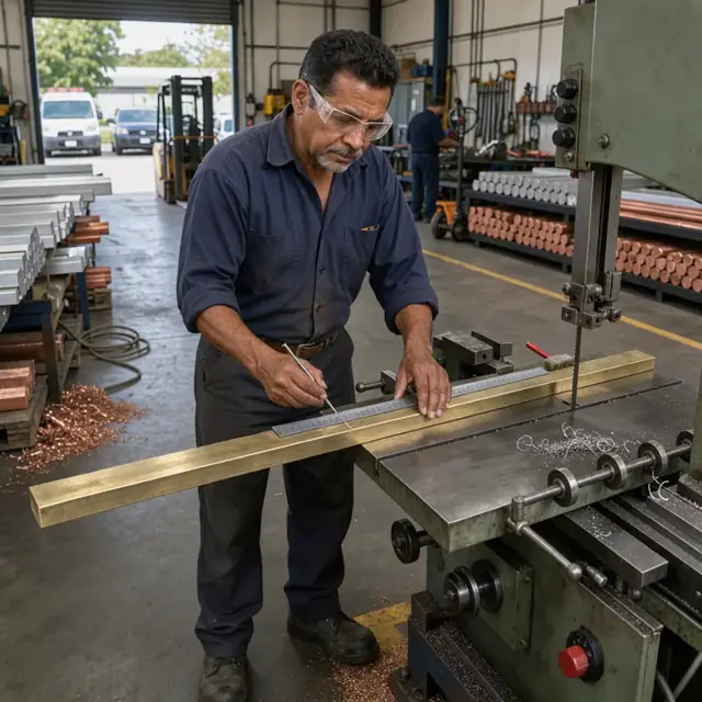 a worker measuring and marking a long brass bar on a bandsaw table surrounded by organized racks of aluminum and copper billets