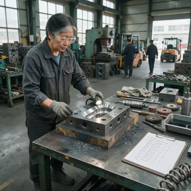 a heavy steel forging die on a workbench with polishing tools and a log sheet recording strike counts