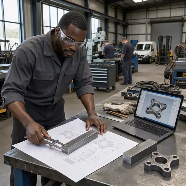 a workbench with technical drawings spread out next to calipers and a laptop displaying a 3D model of a forged part beside a raw metal billet