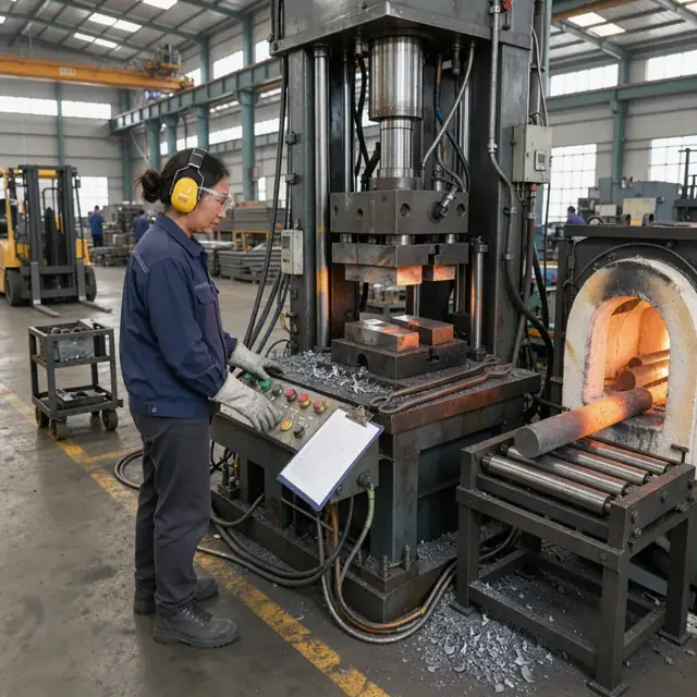 a large hydraulic forging press with heated dies open and glowing billets in an adjacent furnace with a schedule clipboard attached to the control panel