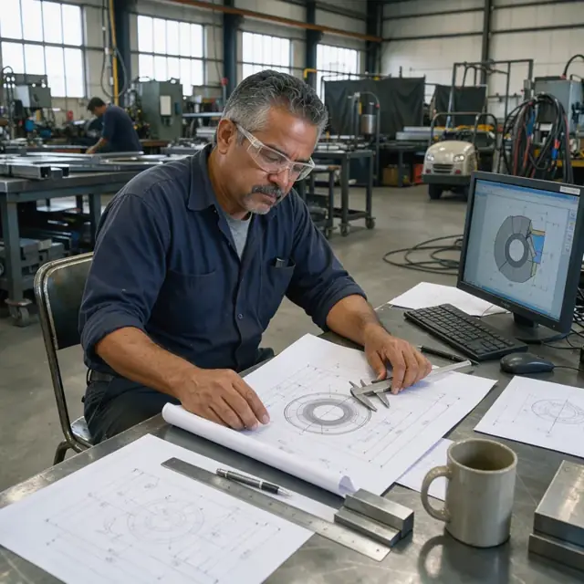 a metal fabrication shop desk covered with unfolded technical drawings, a caliper, and a computer screen showing a part cross-section