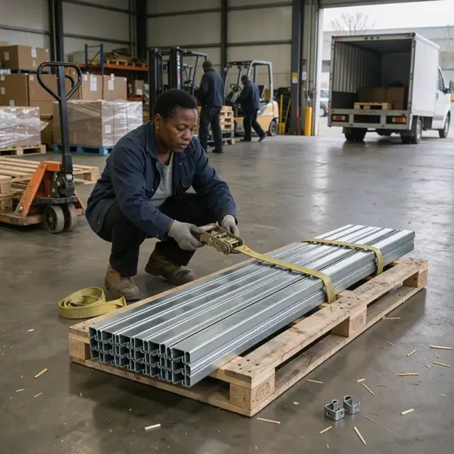 a worker strapping a bundle of long formed metal channels onto a wooden pallet in a shipping area