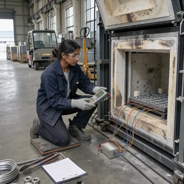 a worker checking temperature uniformity inside an open industrial sintering furnace with a data recorder