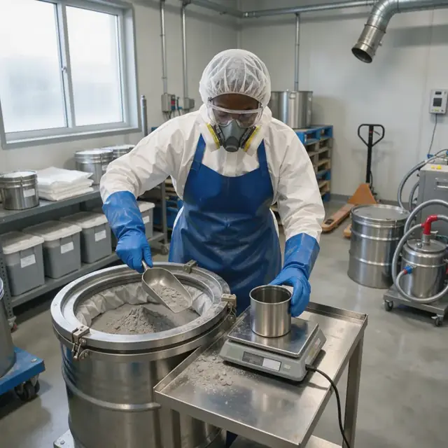a worker in protective gear scooping metal powder from a sealed drum into a container on a scale in a powder storage room