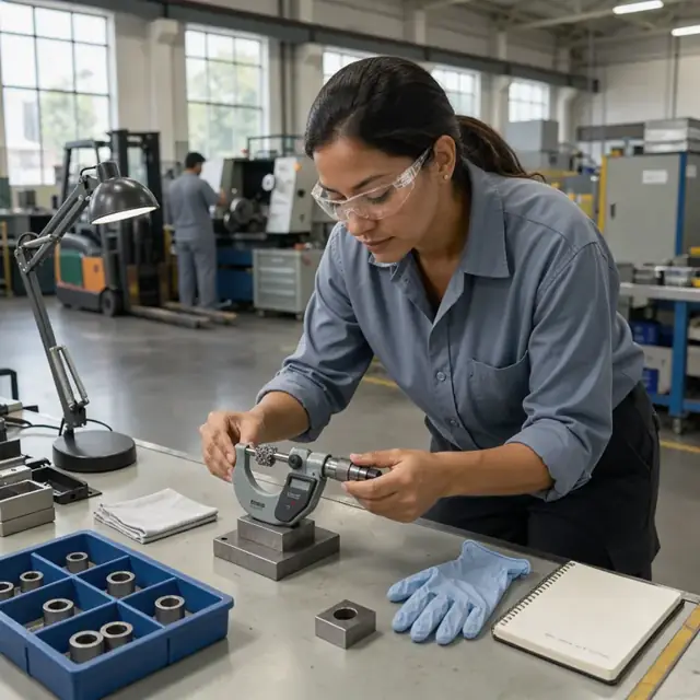 a worker using a digital micrometer to measure a small sintered metal component on a clean inspection bench