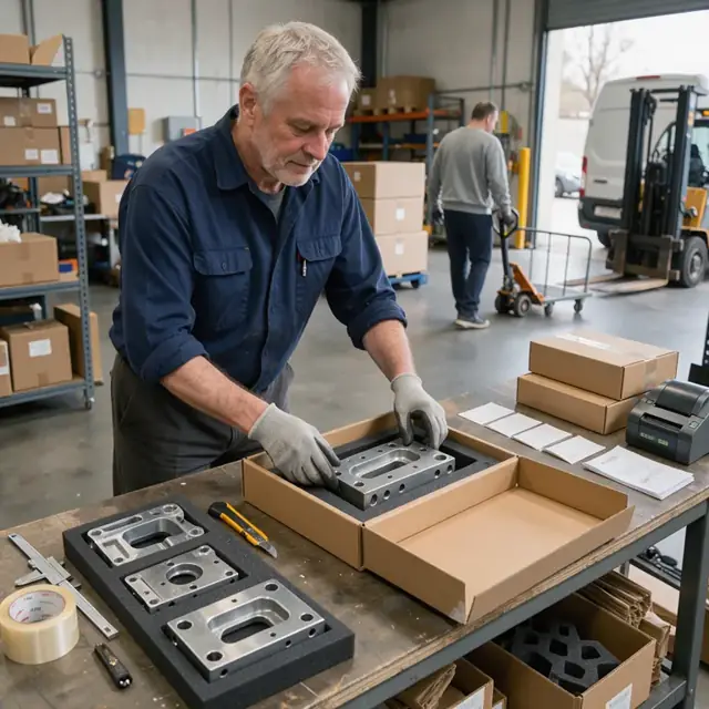 a worker carefully packing precision metal parts into foam-lined boxes at a shipping station with labels ready