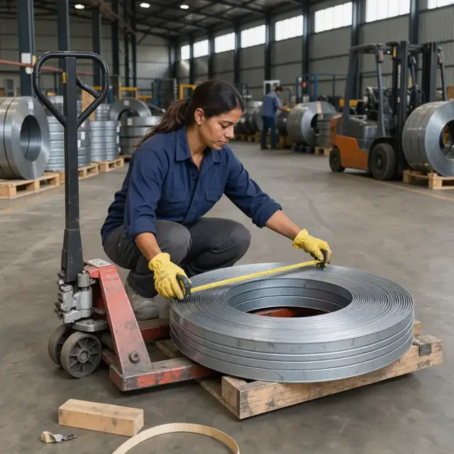 a worker in a warehouse measuring the width of a large coil of galvanized steel on a pallet jack before logging it into inventory