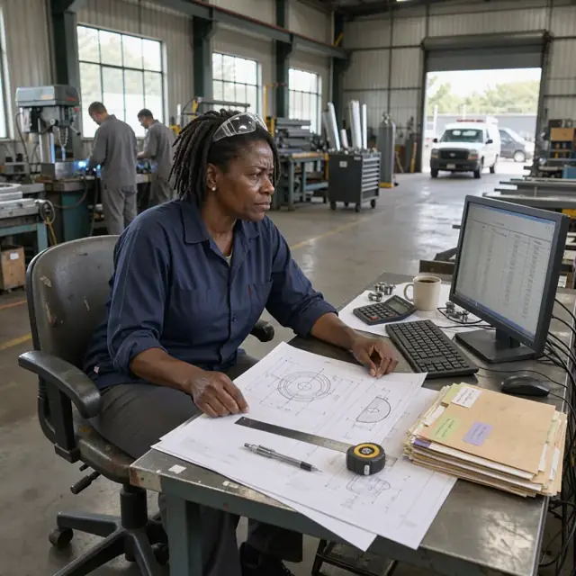 a metal shop desk with technical drawings spread out beside a computer displaying an open order form and a stack of labeled job folders