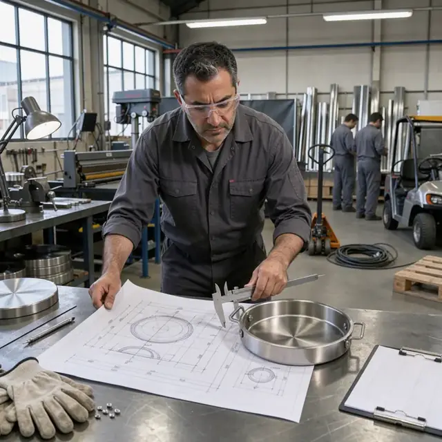 a worker at a metal shop desk examining technical drawings and a stainless steel pan prototype under bright overhead lights