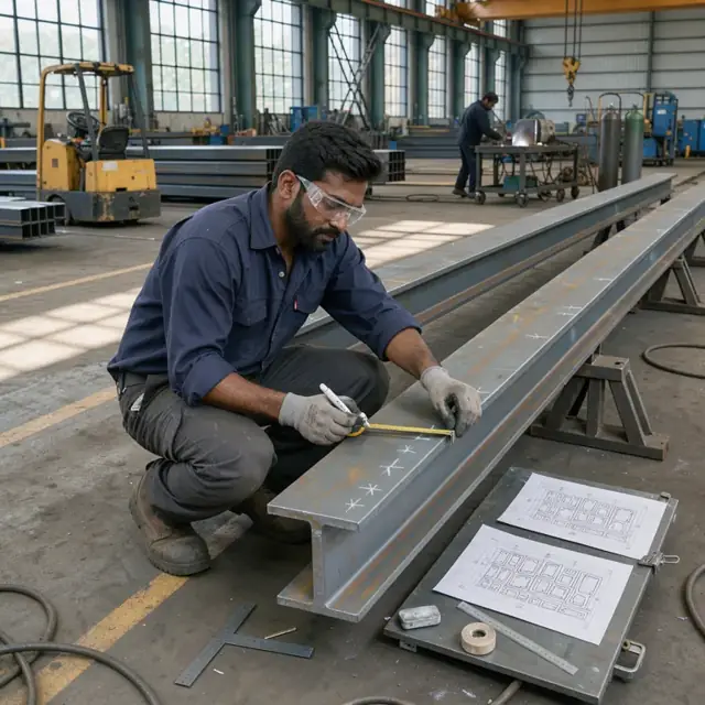 a worker measuring and marking large steel I-beams on a shop floor with nesting diagrams printed nearby