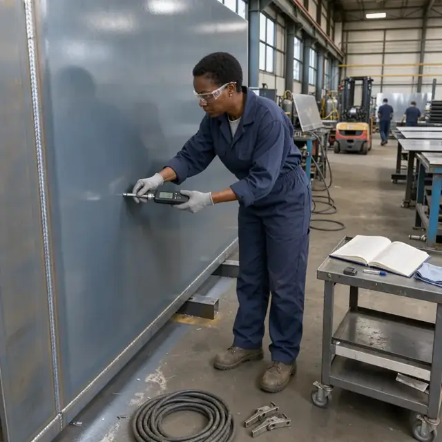 a technician using a paint thickness gauge on a freshly coated steel wall panel next to an open inspection logbook in a fabrication shop