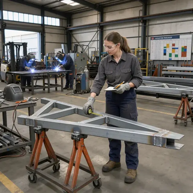 a metal fabrication shop floor with steel trusses on roller stands, welders working and a large wall-mounted production schedule board