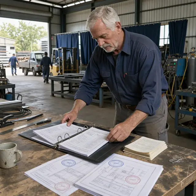 a worker organizing printed weld inspection reports, material test certificates and stamped drawings into a project binder on a workbench