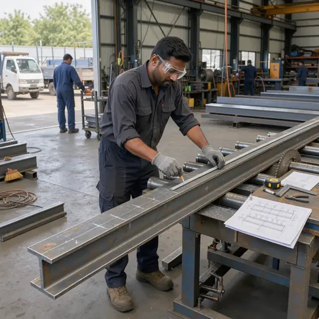 a worker measuring and marking a wide flange beam on a steel saw table with cut lists and drawings clipped nearby