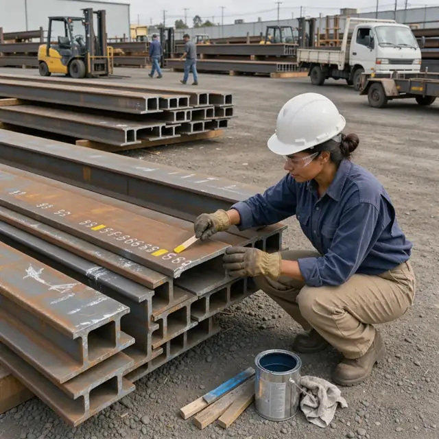 a worker in a yard using a paint stick to mark color codes and heat numbers on stacked wide flange steel beams