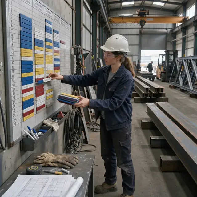 a worker standing in a steel fabrication bay updating a wall schedule board showing crane and bay assignments for beams and trusses