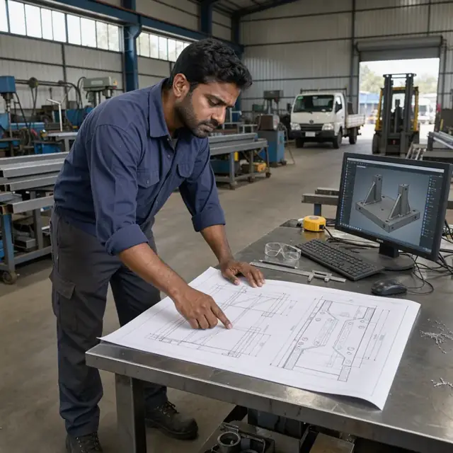 a worker at a steel desk reviewing large engineering drawings spread across a table next to a computer monitor showing a 3D model of a fabricated base
